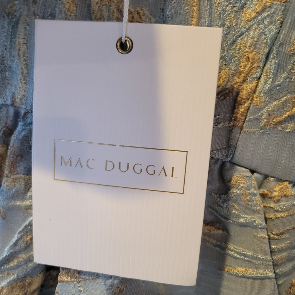 NWT MAC DUGGAL Puff Sleeve Brocade Gown Light Blue Hi Low Hem Size 14 - Picture 7 of 15